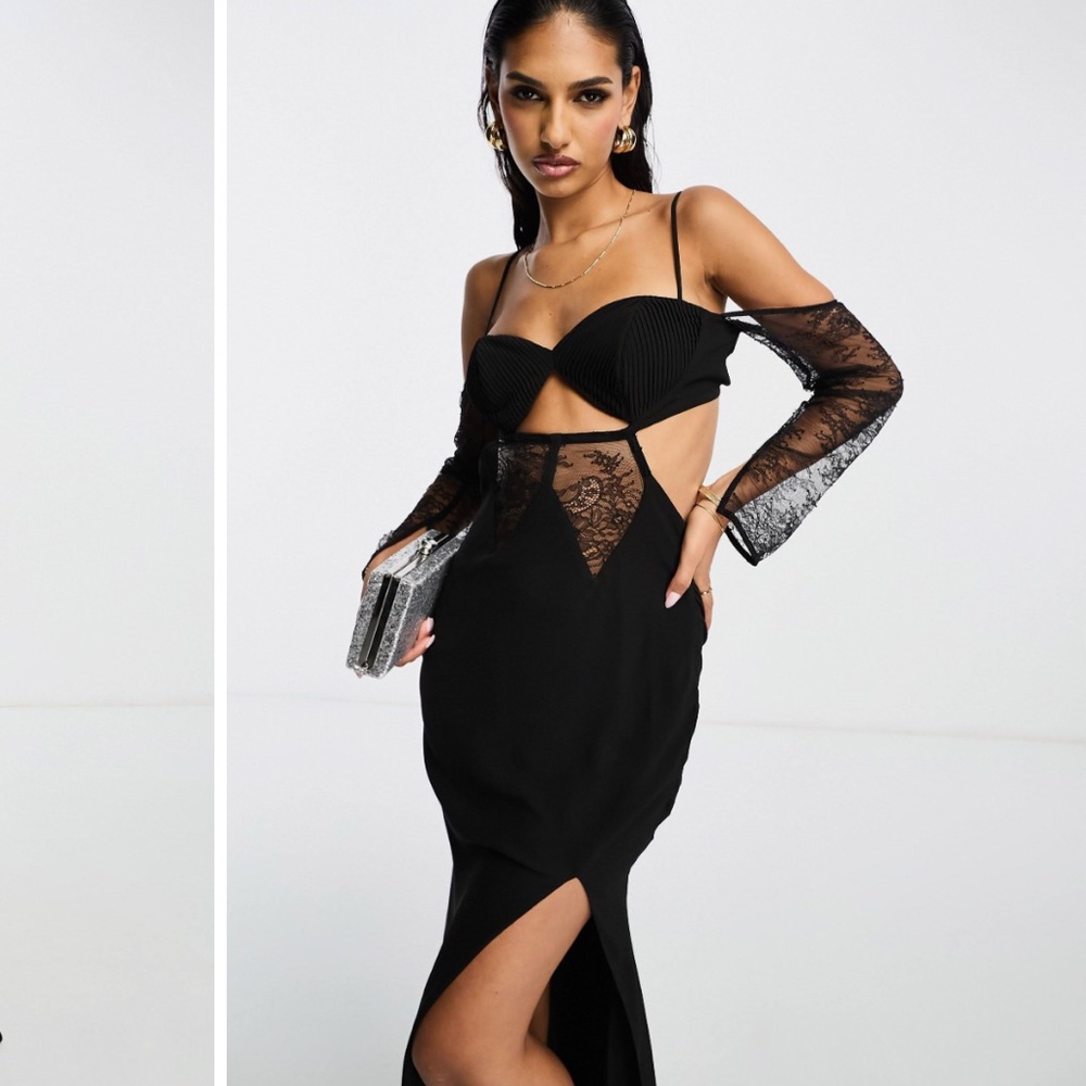 ASOS DESIGN corset detail cold shoulder maxi dress with lace inserts in black - Picture 3 of 8